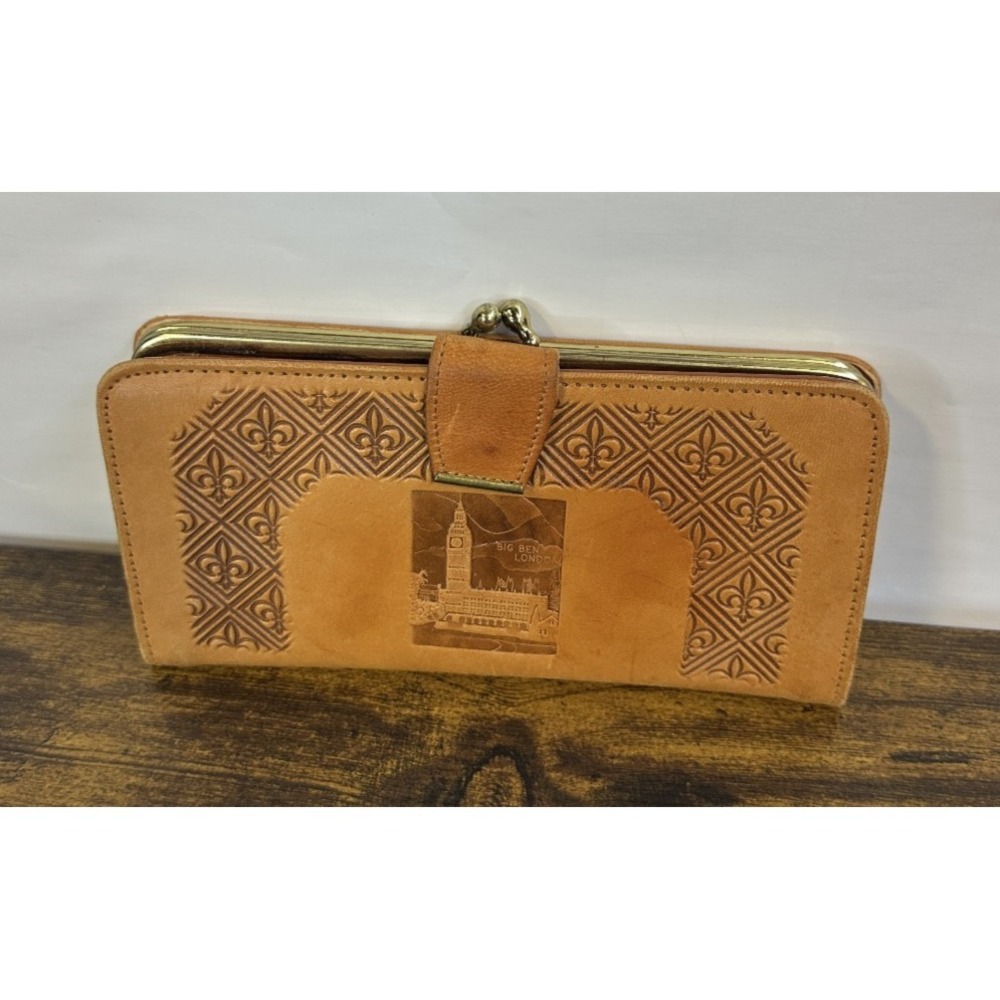 Vintage London Big Ben Tower Bridge Real Leather Kiss Lock Bifold Wallet England - Picture 14 of 16